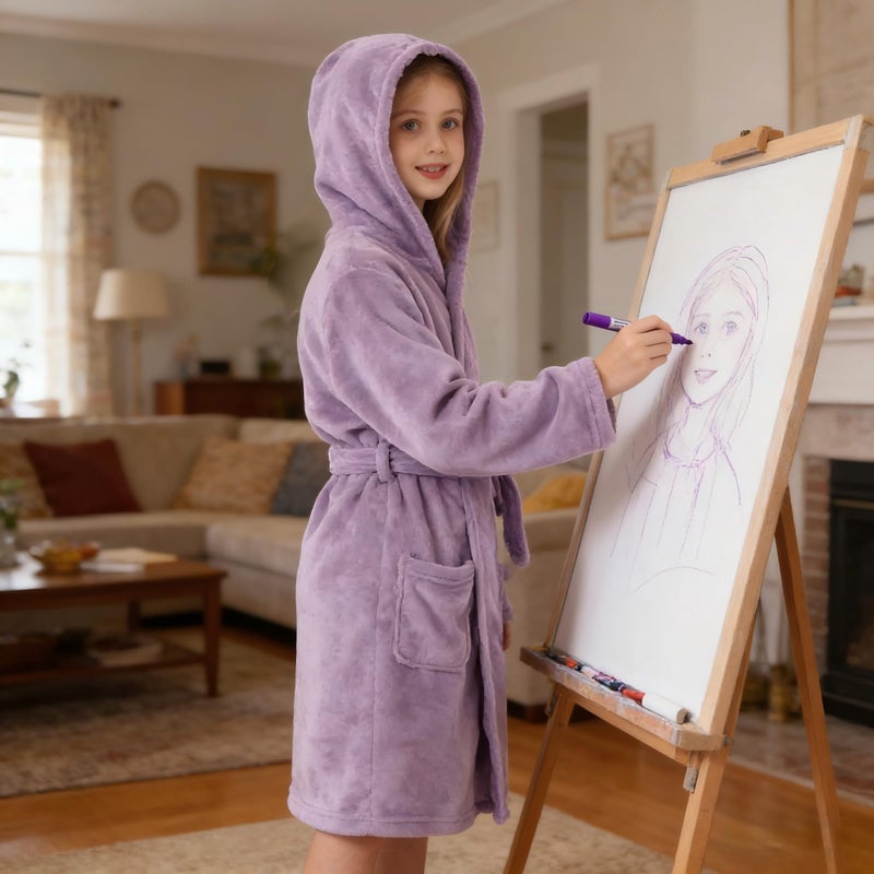 V.&GRIN Girls Fleece Robe, Plush Hooded Soft Fuzzy Warm Fluffy Bathrobe for Kids 5-14 Yearsï¼ˆLavender Purple 7-8 - Image 3